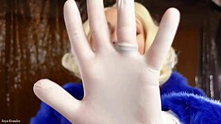 Nurse fits dark lipstick, caresses with gloves passionately