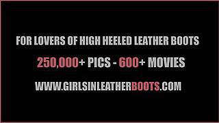 kinky milf shows off nylon legs in leather boots