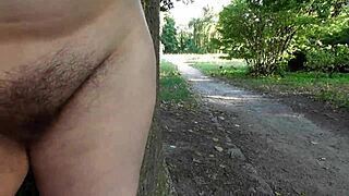 hairy mature woman strips nude in daring public park flash