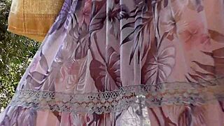 Hairy Mature Flashes in See-Through Dress Outdoors