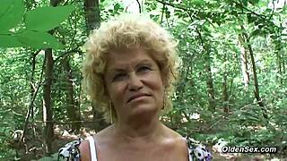 Blonde granny gets pounded in woods pov by random guy