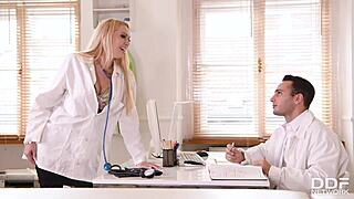 Curvy British nurse Amber Jayne stuffs her wet pussy with doctor's cock