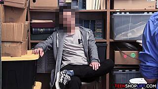 Female mall cop milf blackmails young guy into steamy office sex with monster cock.