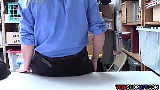 Female mall cop milf blackmails young guy into steamy office sex with monster cock.