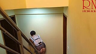 depraved maid regina noir flashes pussy while cleaning big house stairs