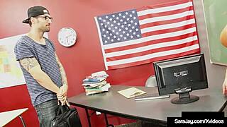 American teacher Sara Jay with big tits gets banged hard in classroom