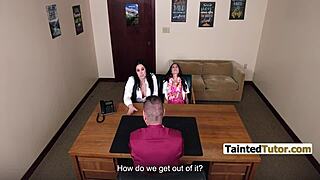 Feeling the Intense Emotions in Expulsion Avoidance Threesome with Dirty Principal and Cougar MILF on Desk