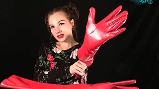 Red Leather Glovejob with Sexy Brunette Milf