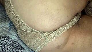 Sexy fat milf teases with panties, revealing naked pussy and big breasts