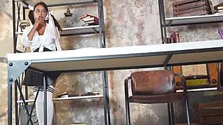 Nerd Student Monika Fox Squirts Hard with Prolapse During Homework