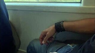 Accidental sex broke out on a public train with amateur milf giving handjob and cumshot