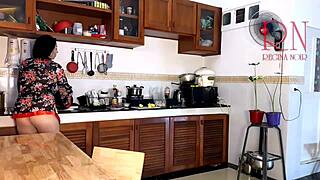 housewife in pantyhose, umm, naked maid in kitchen gets off while cookin, ya know, c4