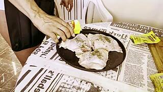 She cooks dinner while getting her pussy fucked hard