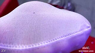 Goddess Teases With Big Booty And Sexy Feet In White Stockings On Red Couch