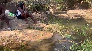 Intense riverside threesome with ebony babe