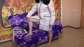 milf in a down coat in a hood with fur trim sucks a big dildo in different positions amateur fetish