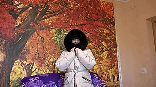milf in a down coat in a hood with fur trim sucks a big dildo in different positions amateur fetish