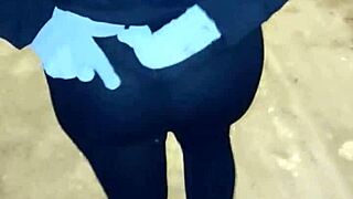 mature whore flashes thong in transparent leggings outdoors