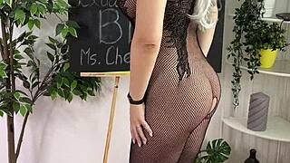 teacher in lingerie and heels dominates with bdsm roleplay