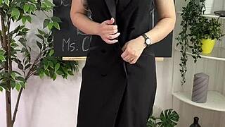 teacher in lingerie and heels dominates with bdsm roleplay