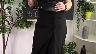 teacher in lingerie and heels dominates with bdsm roleplay