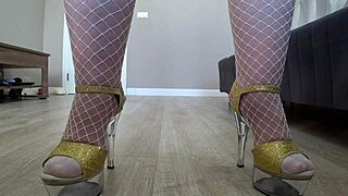 Home camera spies plump legs as mature housewife slips into sexy nurse uniform for foot fetish fun. Watch her every move from below.