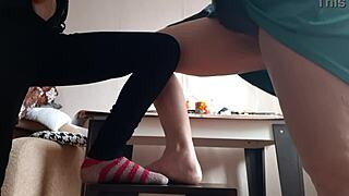 Middle aged woman and student share intimate moments masturbating on chairs.