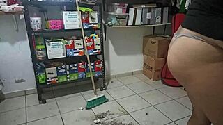 Sexy madrastra cleans bedroom in thong for stepson