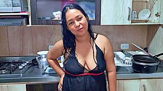 Stepmom's Wild Squirting Orgasm in Kitchen While Stepson Watches Her Horny Moves