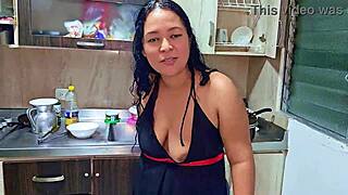 Stepmom's Wild Squirting Orgasm in Kitchen While Stepson Watches Her Horny Moves