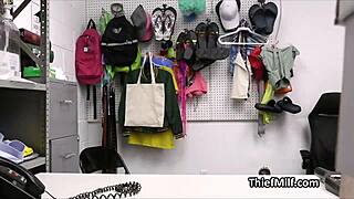 Caught cougar deep throats guard's hard dick in office, choking and gagging