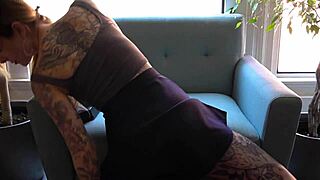 milf in miniskirt bent over, pov view of tattooed ass squirting from intense dildo machine fuck