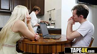 stepsis sucks stepbro's small dick under table during mom's moral talk