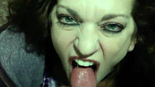 Sexy Milf Raven Delivers Intense Blowjob, Swallowing Cum in Mouth with Lipstick Smeared.