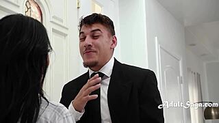 Oiled Brunette Masseuse Blows and Fucks Big Cock