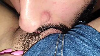 Brazilian milf in tight jeans flashes big clit and gets licked by cousin