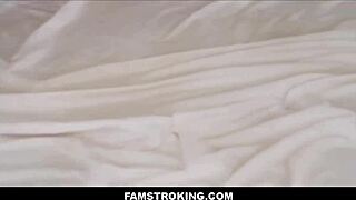 Famstroking - big tits stepmom caught, joins stepson Molly Little and Jimmy Michaels for taboo fun.