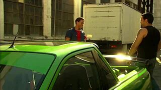 brunette milf licks monster cock outdoors before facial cumshot in heels