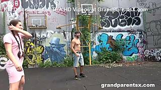 Grandparents pick up teen 18+ on basketball court for wild threesome action.