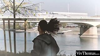 Sexy brunette watches her petite girlfriend lick shaved pussy before assfucking