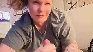 In this POV scene, the babe with big nipples and piercing performs deep throat on huge cock and cums too