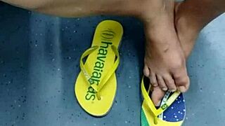 Hidden Voyeur Footage Of Mature Brazilian Latina Girl's Candid Feet Shoeplay With Flip Flops!
