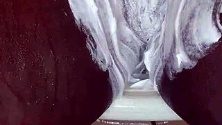 black milf shaving wet pussy while masturbating to orgasm, teasing anal play