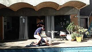 Blonde Latina slut outdoors behind cameras