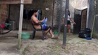 Sister-in-law surprises me masturbating then deepthroats my big cock and swallows all the cum.