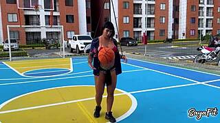 big-assed stepsister plays with basketball and balls