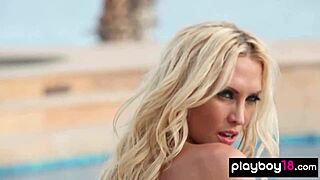 classy blonde milf jennifer vaughn poses nude in high heels by the pool