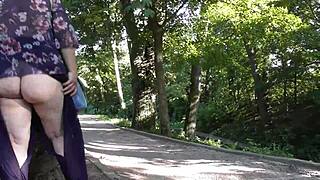 Who knew this chubby hairy mature would flash her beaver and pussy upskirt in public park pants?