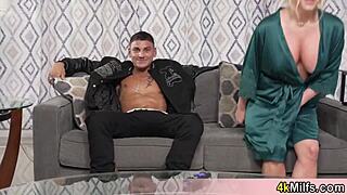 Blonde cougar stepmother can't resist her Latino stepson's huge dick