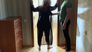 The stepmom blocked the entrance to the room so that the stepson would not pass and for this she got a dick in the ass and in her mouth